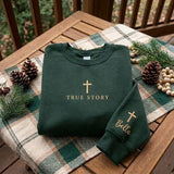 Embroidered True Story Christmas Sweatshirt, Christian Cross Custom Sleeve Crewneck