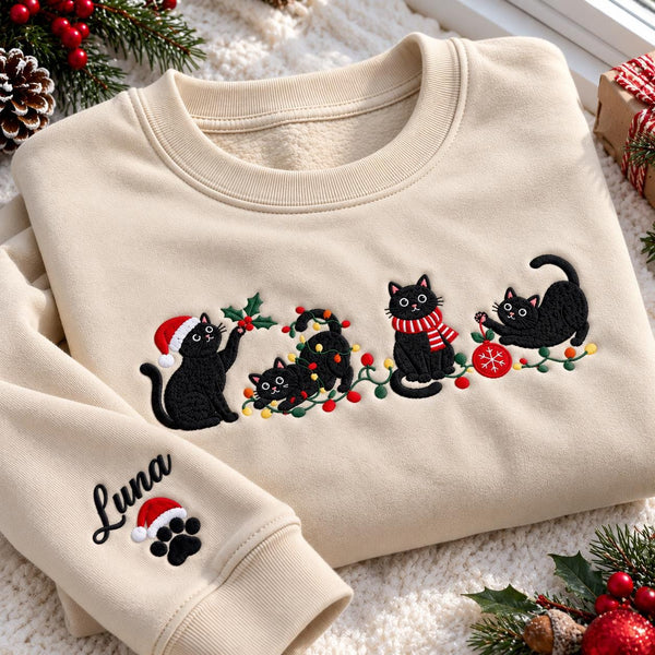 Funny Black Cats Christmas Embroidered Sweatshirt, Personalized Santa Hat Kitty Crewneck
