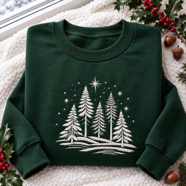 Snowy Pine Trees Embroidered Sweatshirt, Minimalist Winter Forest Christmas Crewneck