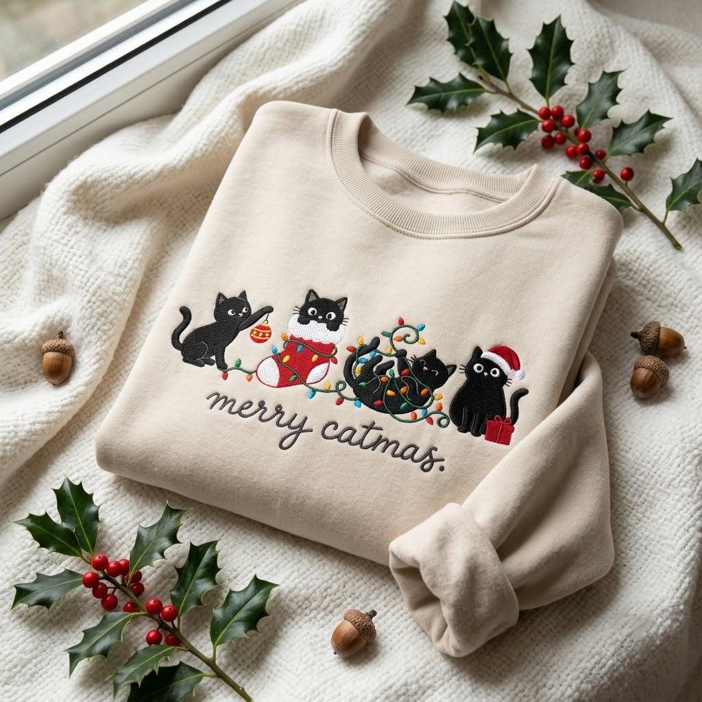 Merry Catmas Black Cat Embroidered Sweatshirt, Personalized Sleeve Name Crewneck