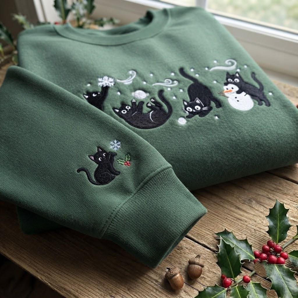 Black Cats Snow Day Embroidered Sweatshirt, Cute Kitten Snowman Winter Crewneck