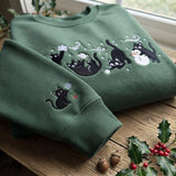Black Cats Snow Day Embroidered Sweatshirt, Cute Kitten Snowman Winter Crewneck
