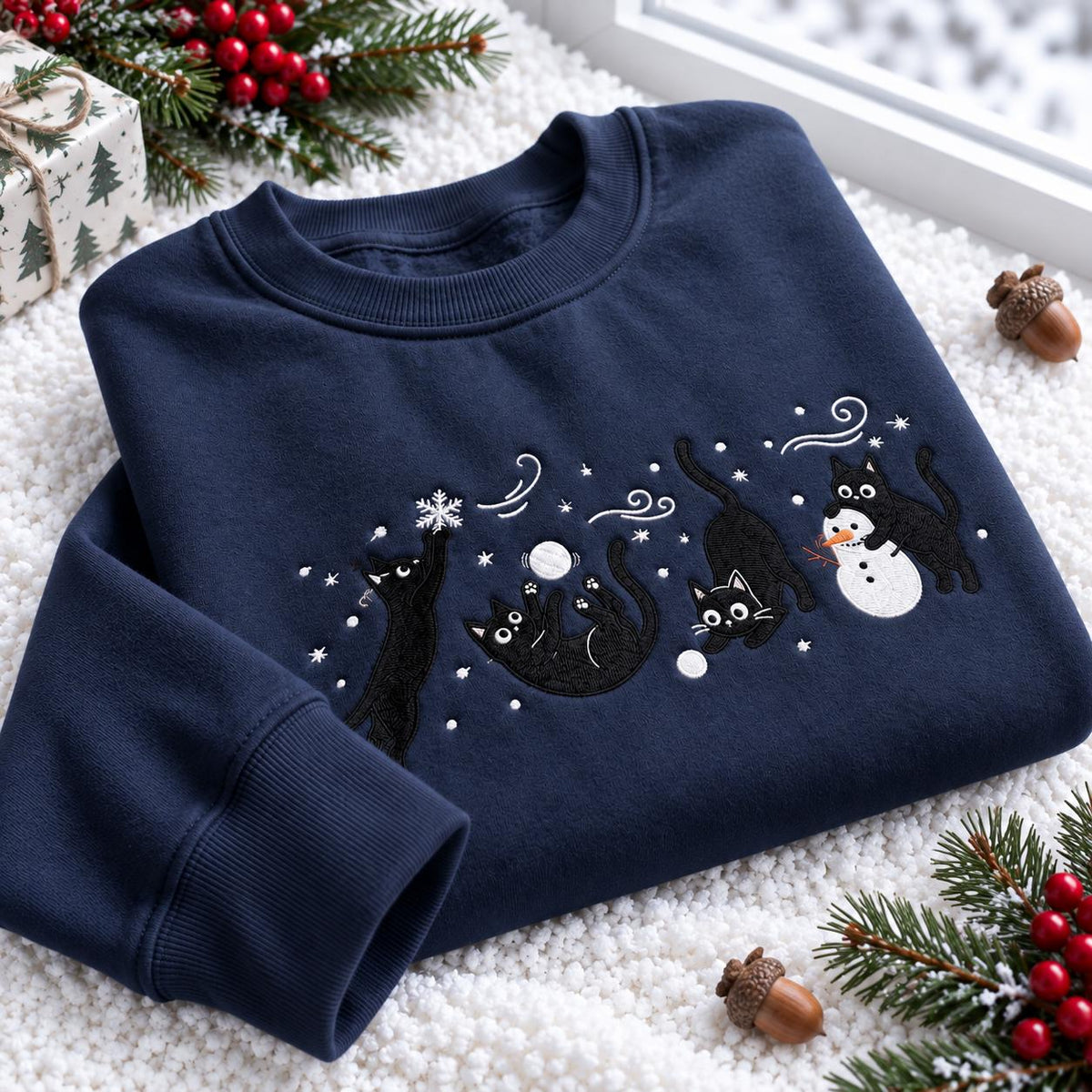 Black Cats Snow Day Embroidered Sweatshirt, Cute Kitten Snowman Winter Crewneck