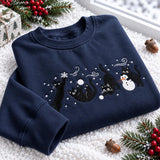 Black Cats Snow Day Embroidered Sweatshirt, Cute Kitten Snowman Winter Crewneck