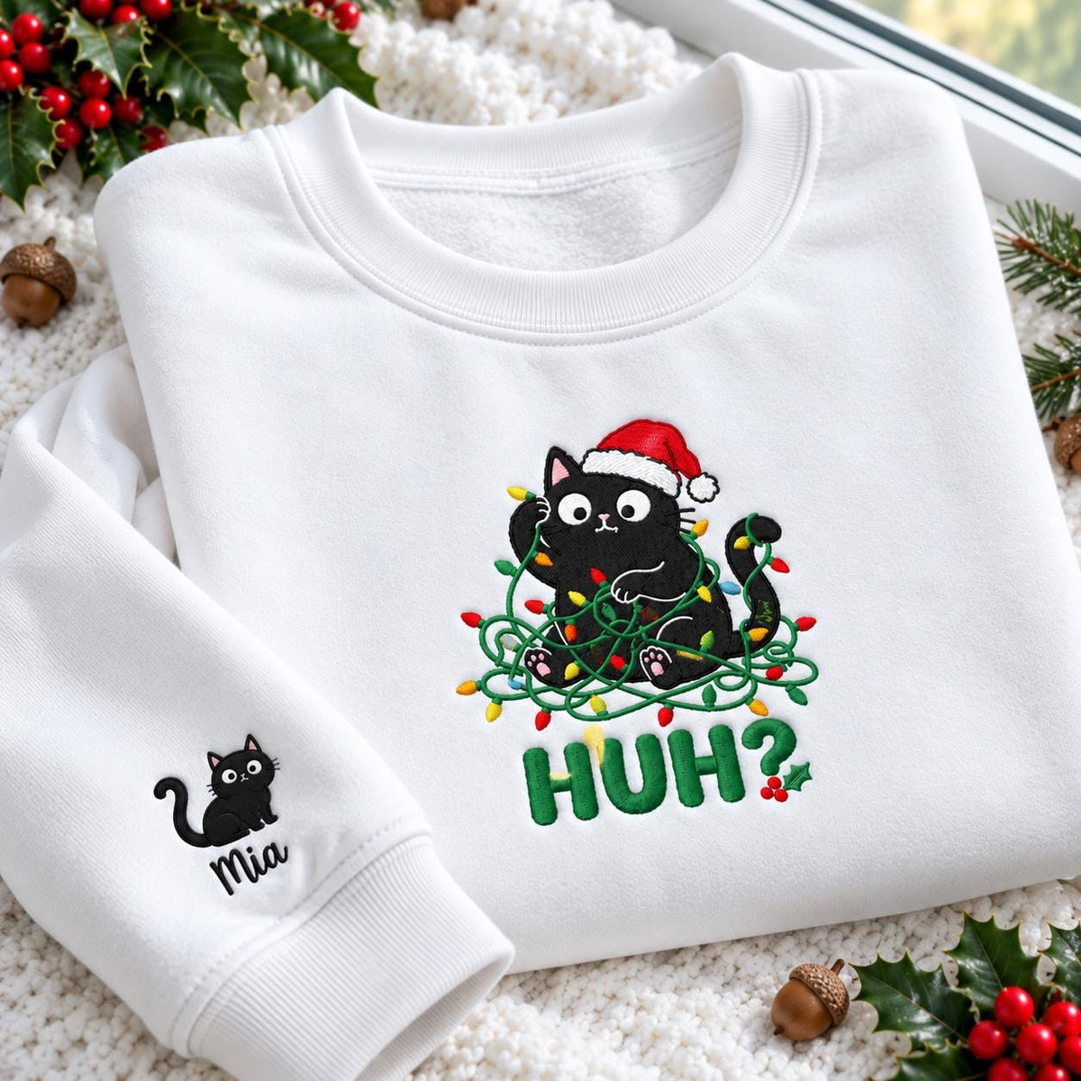 HUH Black Cat Embroidered Sweatshirt, Kitten In Christmas Lights Sleeve Name Crewneck