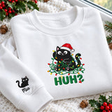 HUH Black Cat Embroidered Sweatshirt, Kitten In Christmas Lights Sleeve Name Crewneck