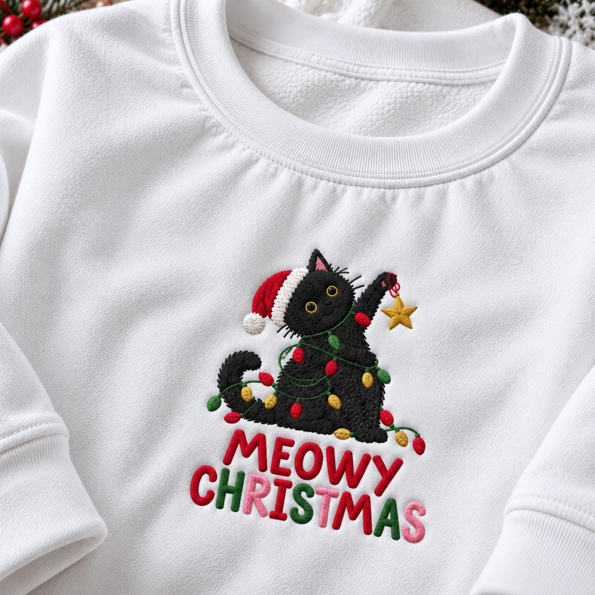 Meowy Christmas Black Cat Sweatshirt, Kitten Wrapped In Holiday Lights Crewneck