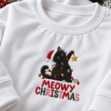 Meowy Christmas Black Cat Sweatshirt, Kitten Wrapped In Holiday Lights Crewneck