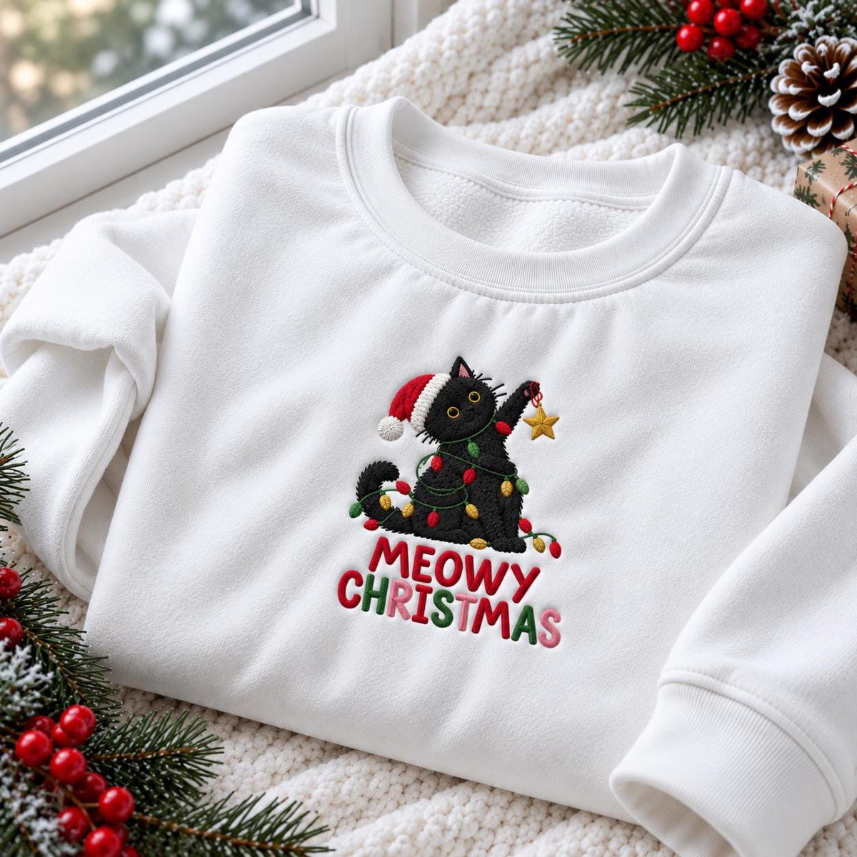 Meowy Christmas Black Cat Sweatshirt, Kitten Wrapped In Holiday Lights Crewneck