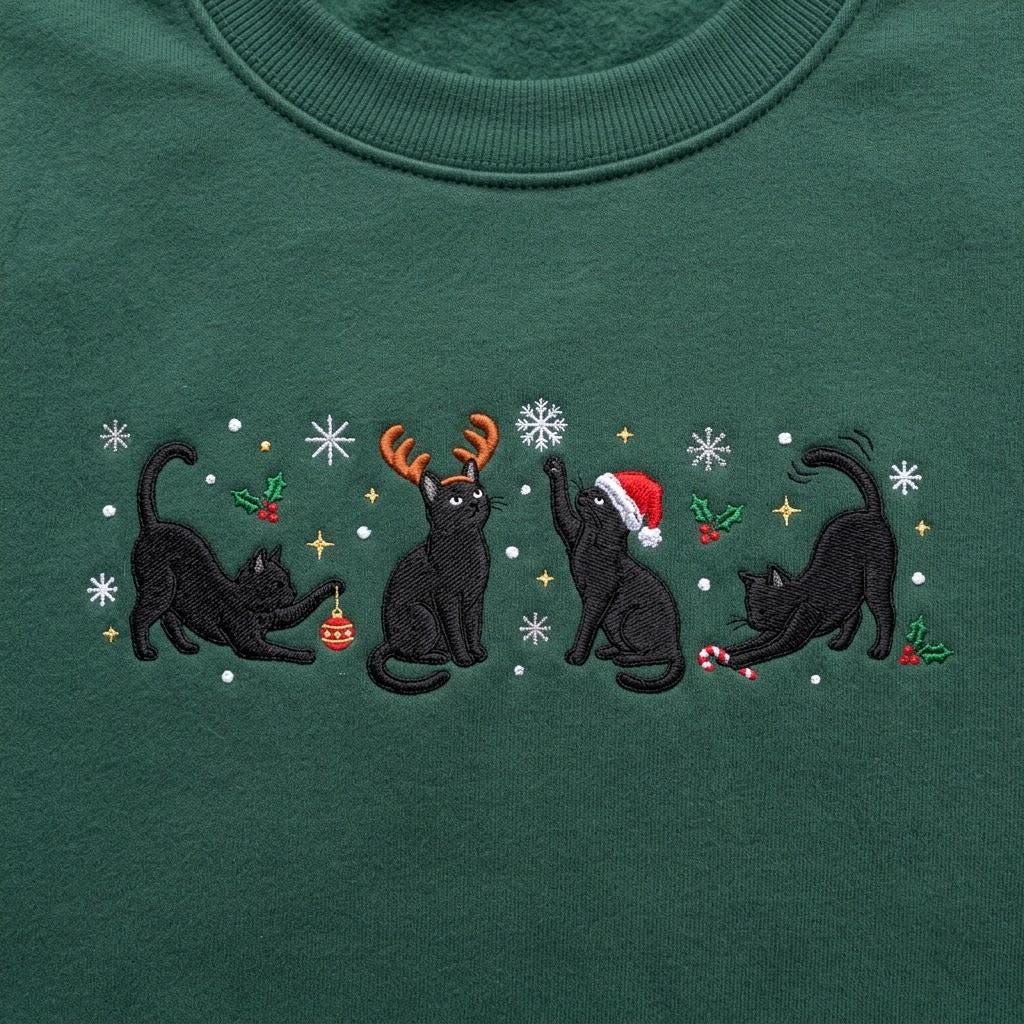 Embroidered Black Cat Christmas Sweatshirt, Funny Feline Holiday Festive Crewneck
