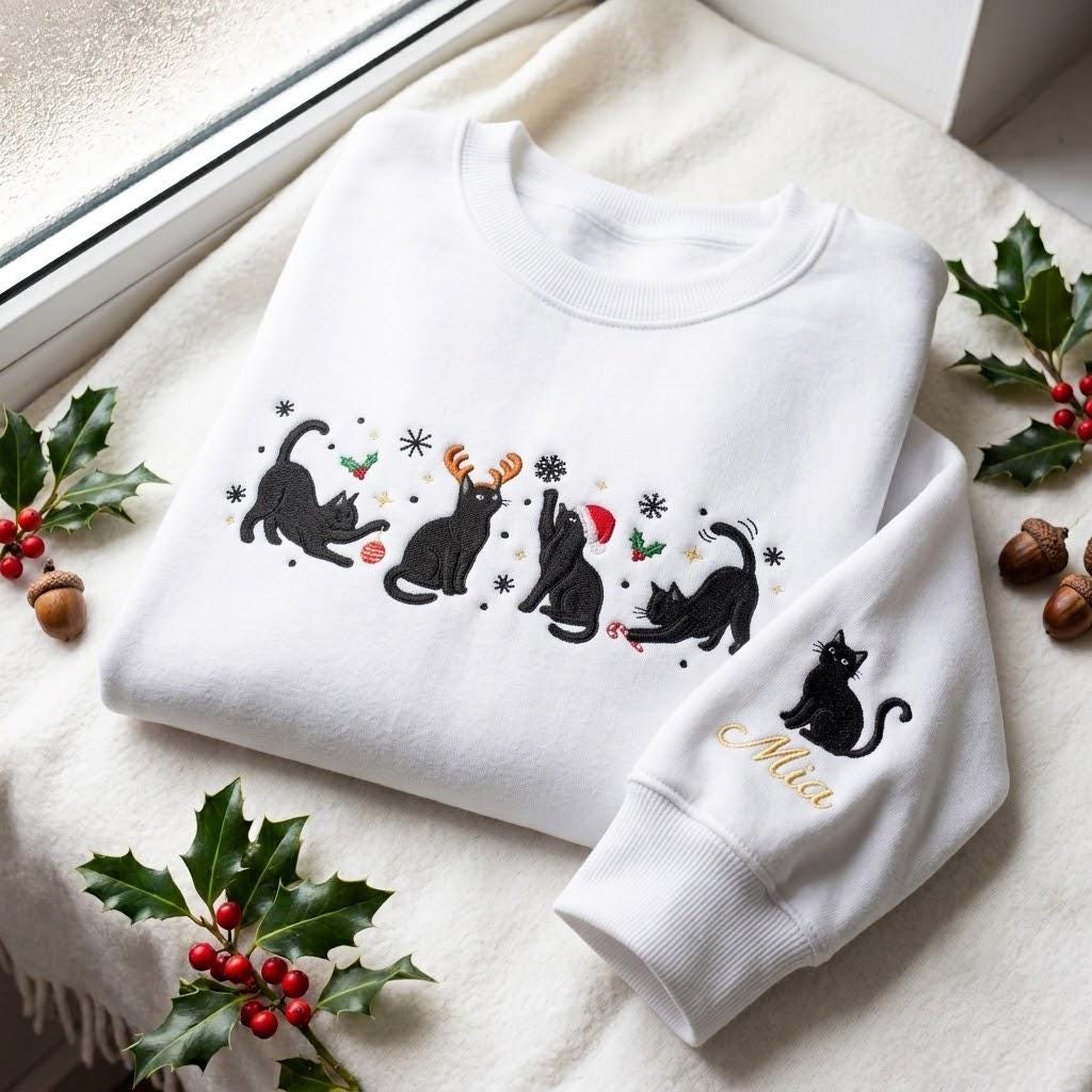 Embroidered Black Cat Christmas Sweatshirt, Funny Feline Holiday Festive Crewneck