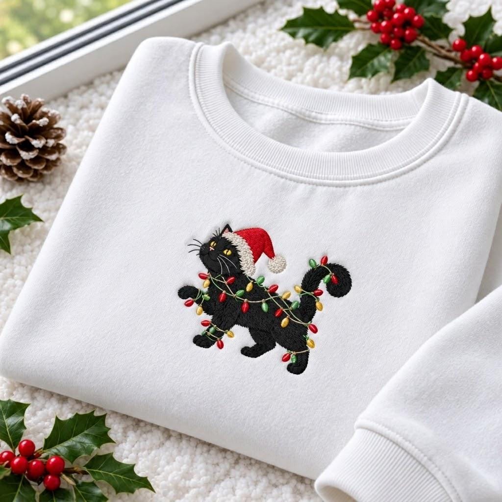 Black Cat Santa Hat Christmas Sweatshirt, Cat Tangled In Lights Embroidered Crewneck