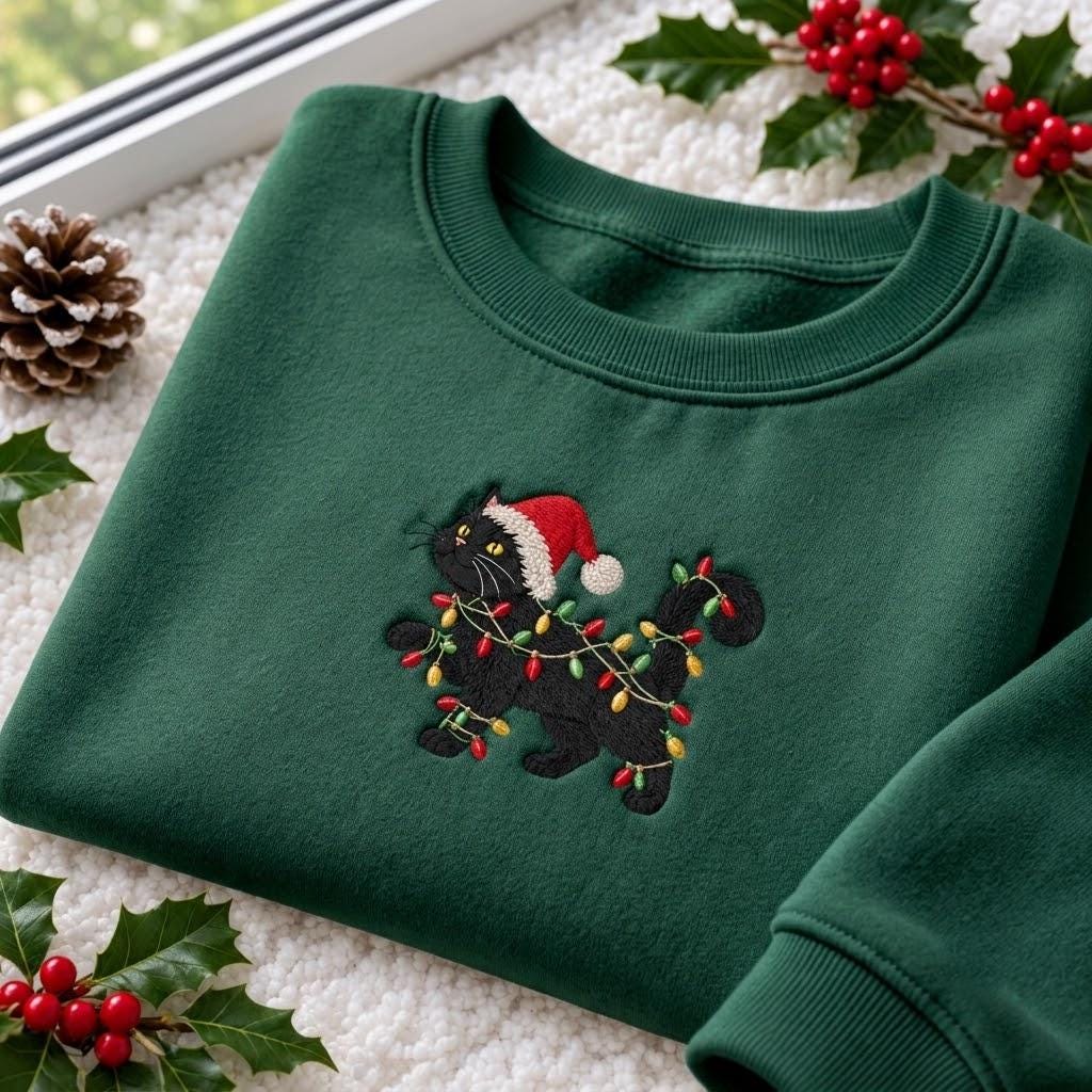 Black Cat Santa Hat Christmas Sweatshirt, Cat Tangled In Lights Embroidered Crewneck