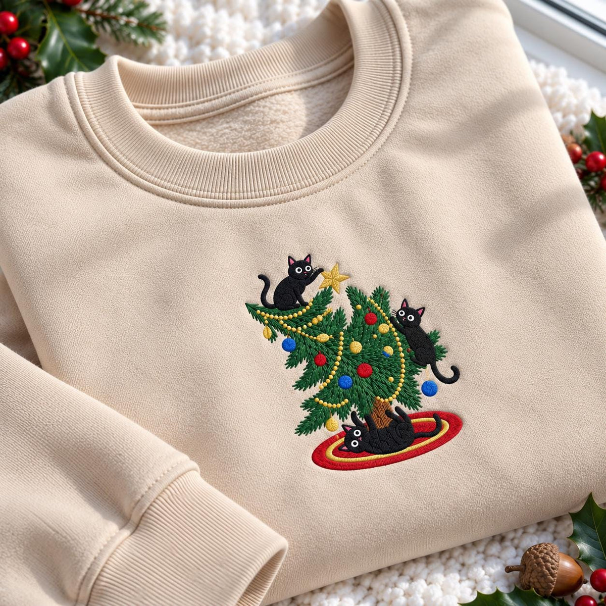 Christmas Black Cat Embroidered Sweatshirt, Cute Climbing Pine Tree Xmas Crewneck