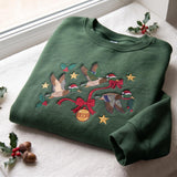 Embroidered Christmas Mallard Duck Sweatshirt, Custom Flying Duck Ribbon Bauble Santa Hat Shirt, Hunting Lover Xmas Gift Holiday Crewneck
