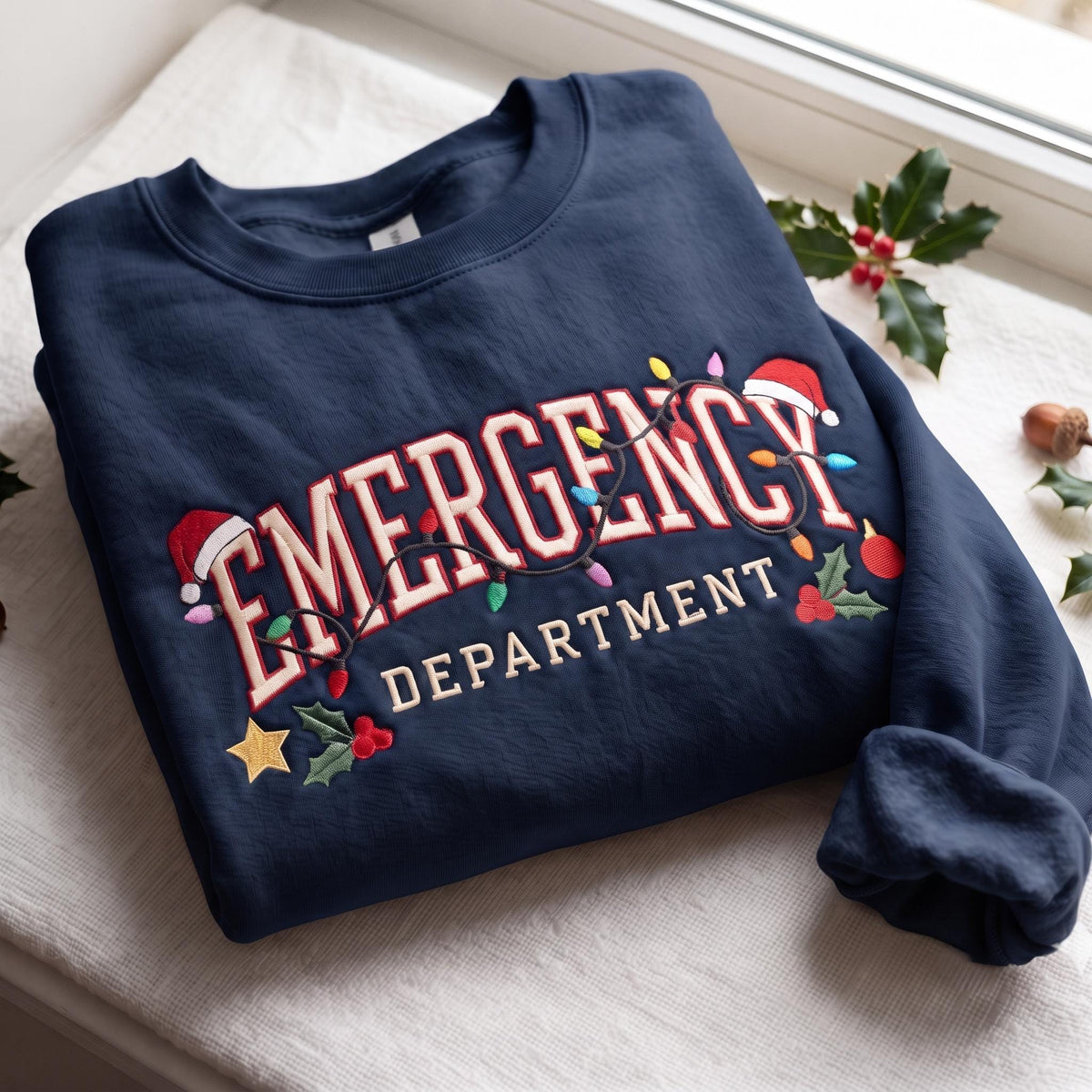 Christmas Emergency Department Sweatshirt, Custom ER Nurse Santa Hat Embroidered Crewneck