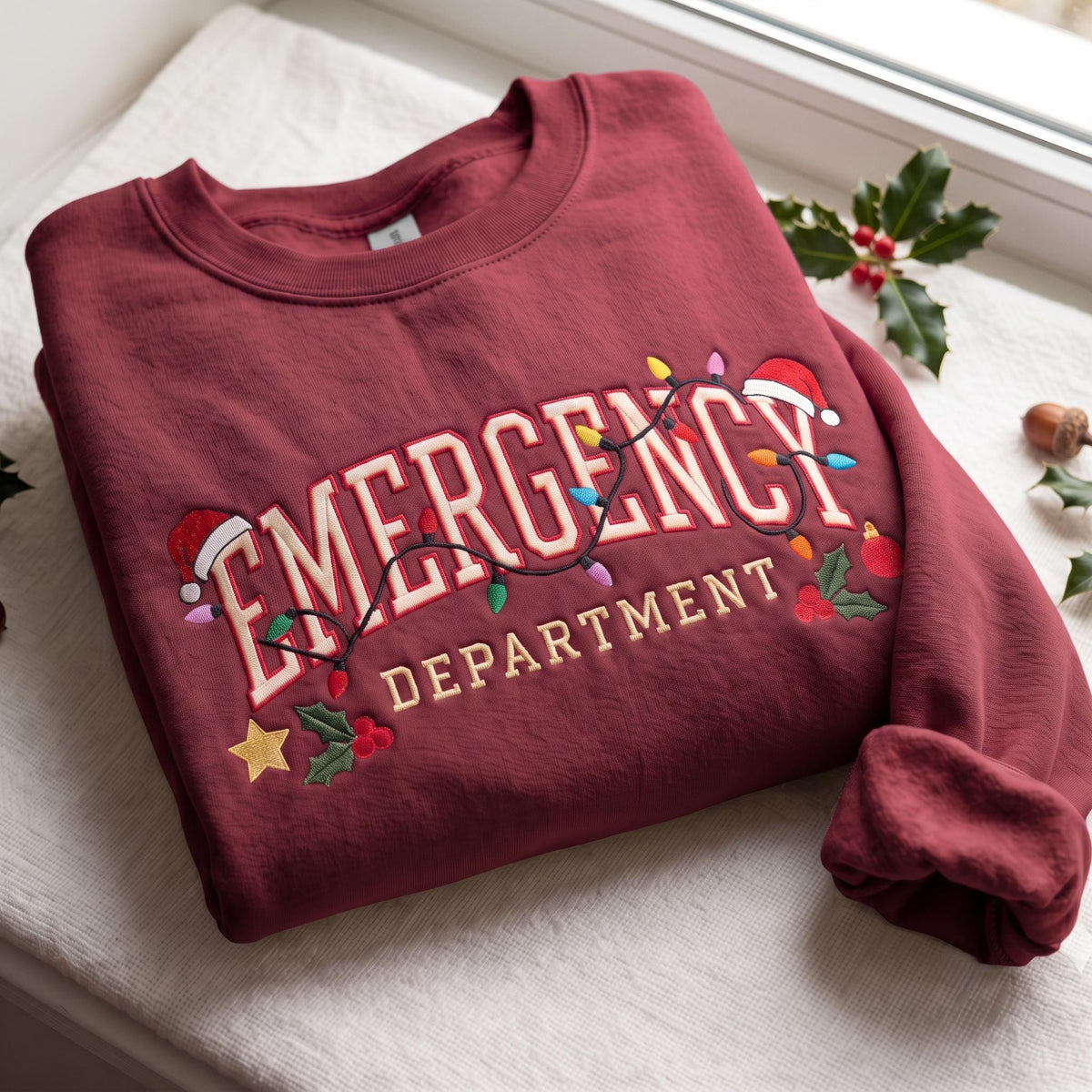 Christmas Emergency Department Sweatshirt, Custom ER Nurse Santa Hat Embroidered Crewneck