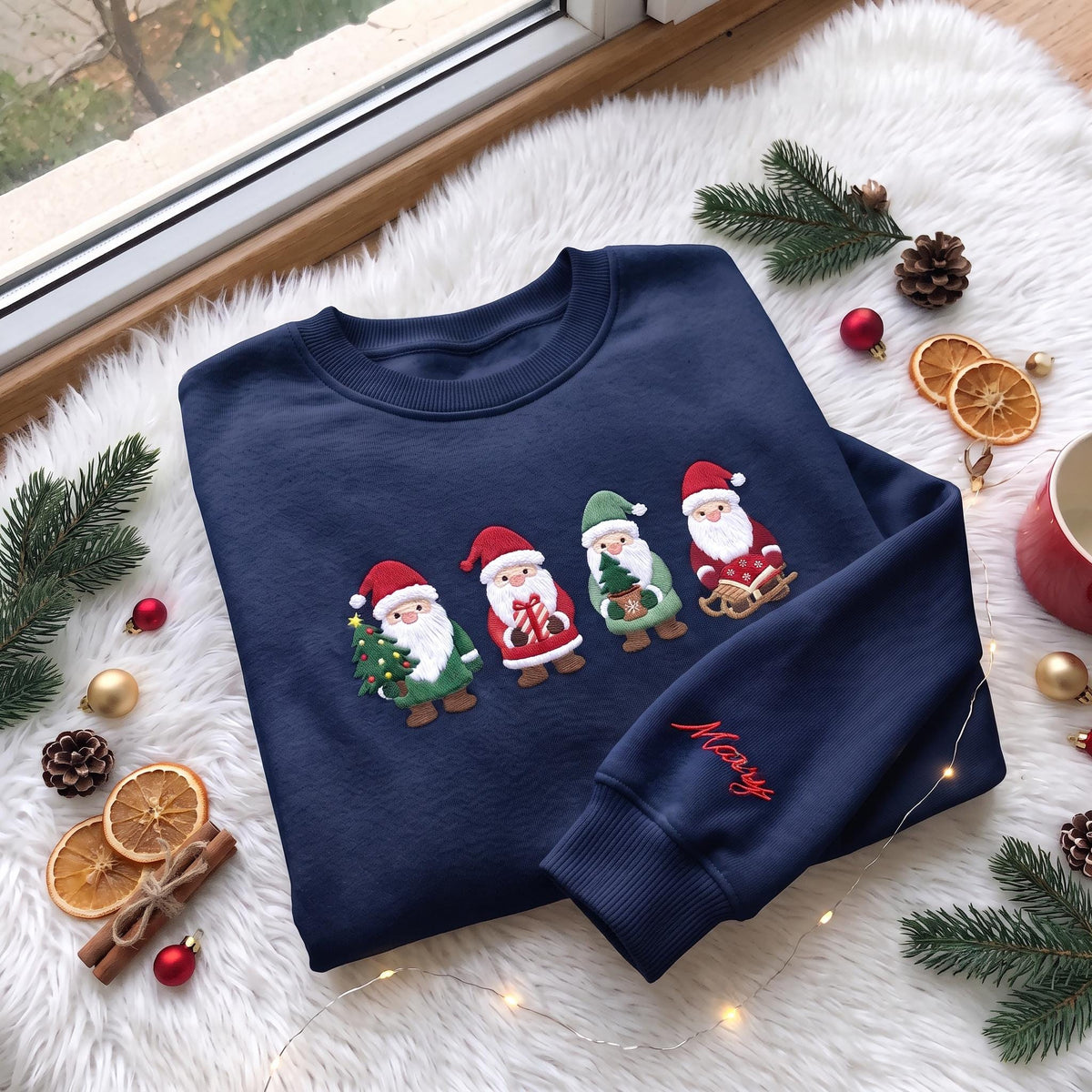 Embroidered Christmas Cute Santas Sweatshirt, Custom Sleeve Name Cute Santa Claus Shirt, Festive Holiday Gift Vintage Xmas Crewneck
