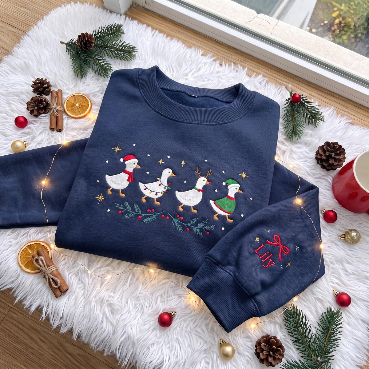 Embroidered Christmas Cute Ducks Sweatshirt, Custom Sleeve Name Bow Xmas Lights Goose Shirt, Festive Holiday Gift Vintage Family Crewneck