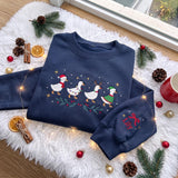 Embroidered Christmas Cute Ducks Sweatshirt, Custom Sleeve Name Bow Xmas Lights Goose Shirt, Festive Holiday Gift Vintage Family Crewneck