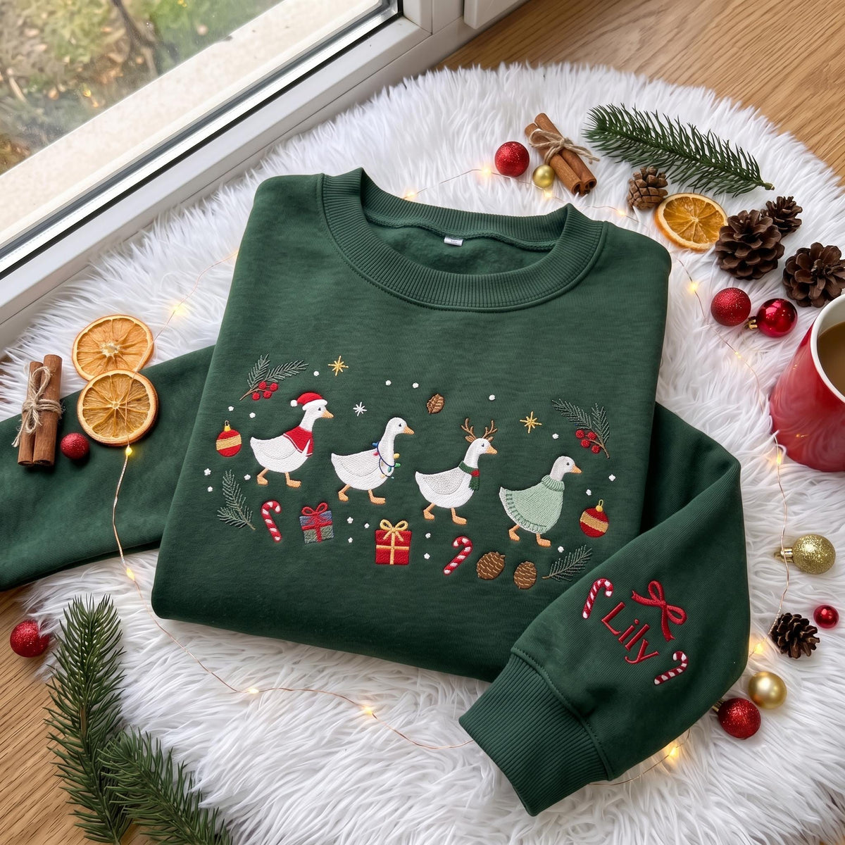 Embroidered Christmas Geese Sweatshirt, Custom Sleeve Name Cute Christmas Goose Shirt, Festive Holiday Gift Vintage Family Crewneck