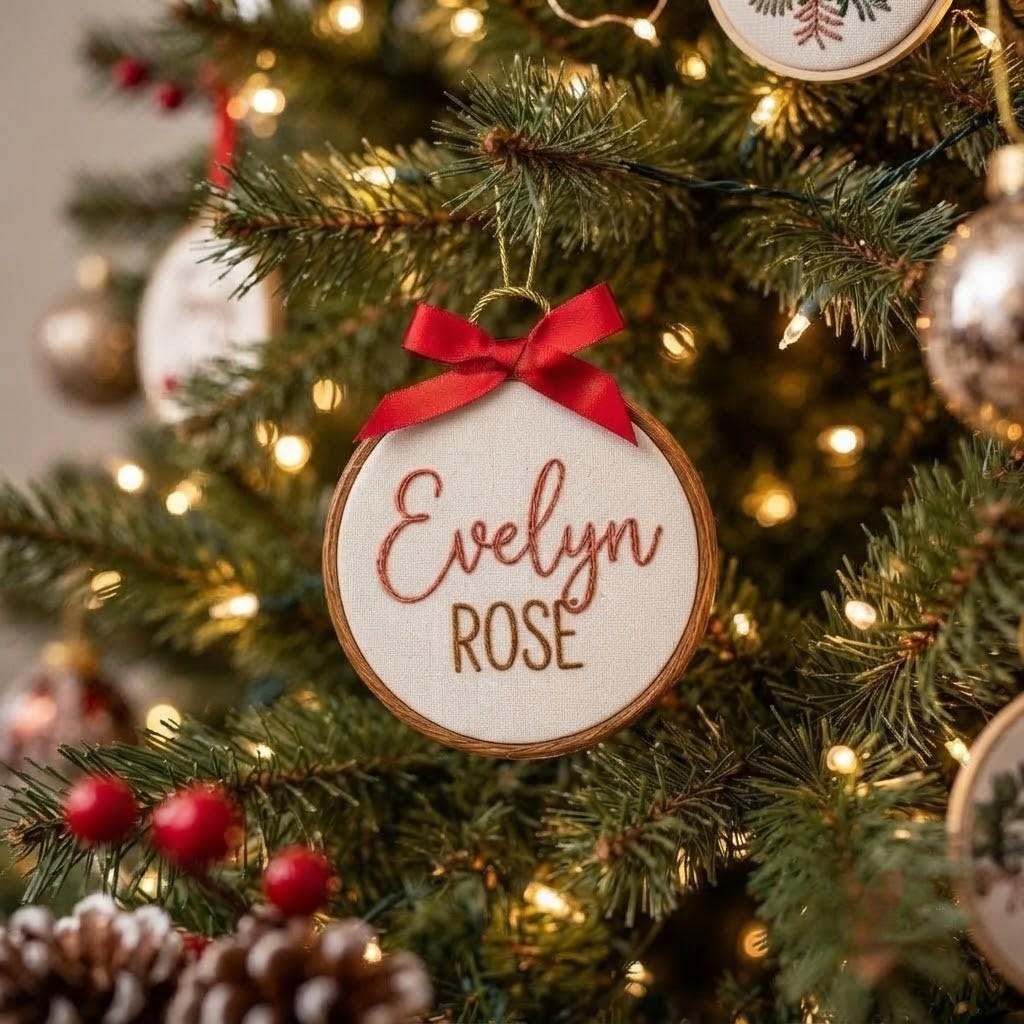 Personalized Name Christmas Embroidered Ornament, Custom Plaid Text Keepsake, Festive Tree Decor, Minimalist Holiday Gift