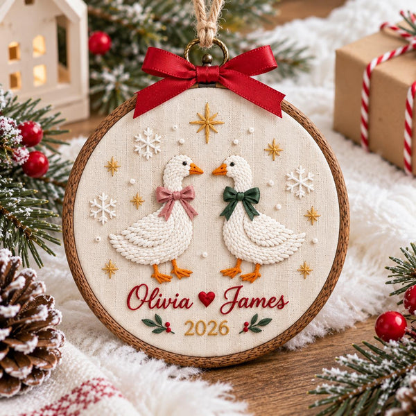 Personalized Couple Goose Christmas Embroidered Ornament, Custom Names Love Keepsake, Festive Tree Decor, Romantic Holiday Gift