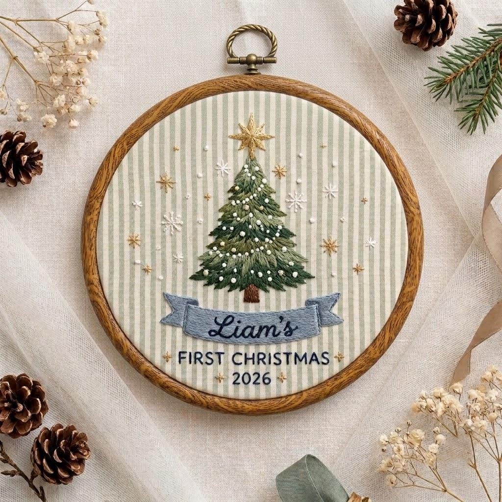 Personalized Christmas Tree Embroidered Ornament, Custom First Christmas Baby Boy Keepsake, Festive Tree Decor, Newborn Gift