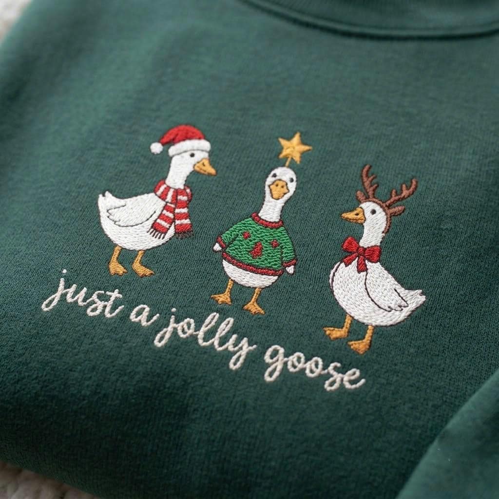 Trio Geese Just A Jolly Goose Christmas Sweatshirt, Forest Green Woodland Village Crewneck