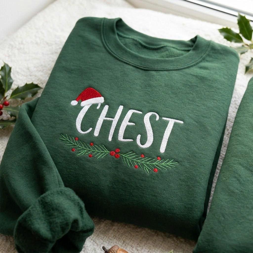 Matching Chest Nuts Funny Christmas Sweatshirt, Couple Forest Green Embroidered Crewneck