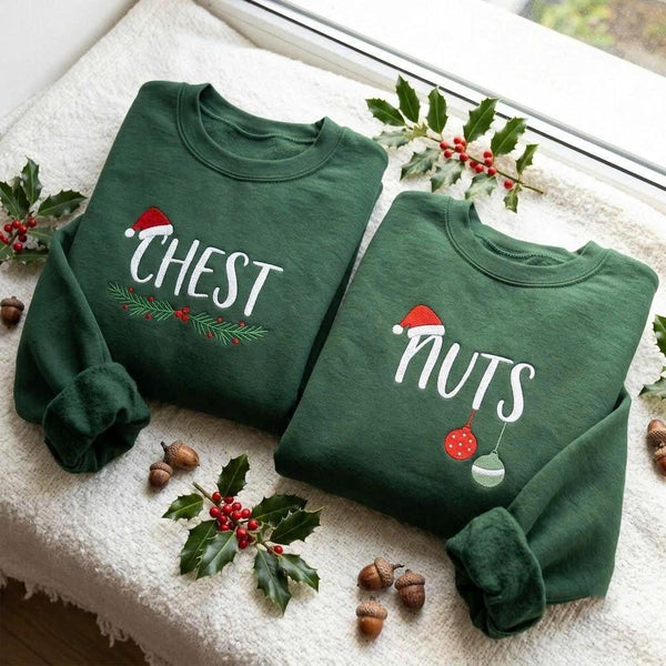 Matching Chest Nuts Funny Christmas Sweatshirt, Couple Forest Green Embroidered Crewneck