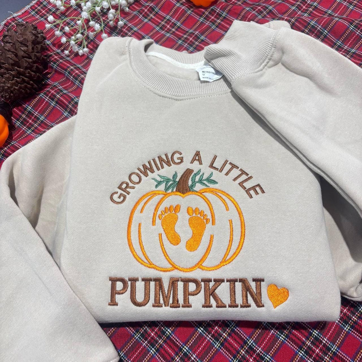 Growing A Little Pumpkin Embroidered Sweatshirt, Custom Name Pregnancy Reveal Crewneck
