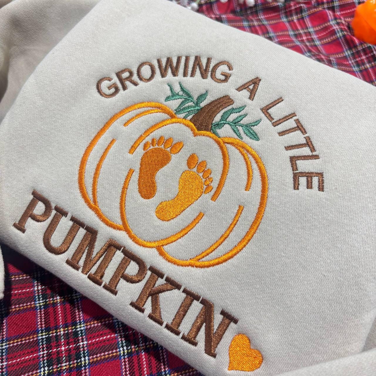 Growing A Little Pumpkin Embroidered Sweatshirt, Custom Name Pregnancy Reveal Crewneck