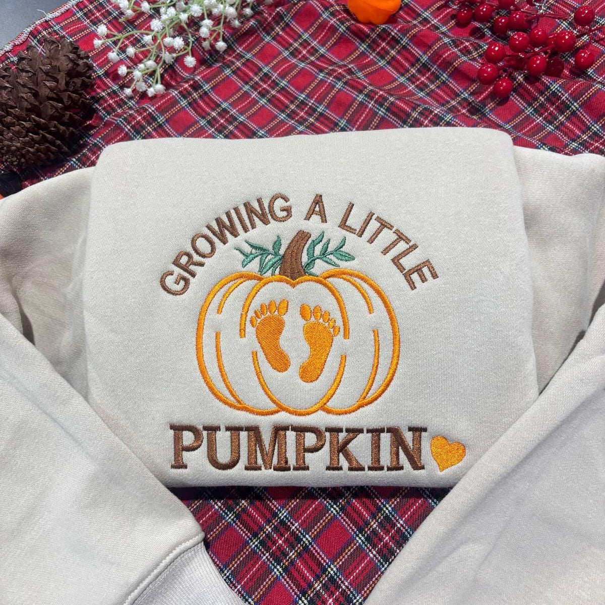 Growing A Little Pumpkin Embroidered Sweatshirt, Custom Name Pregnancy Reveal Crewneck