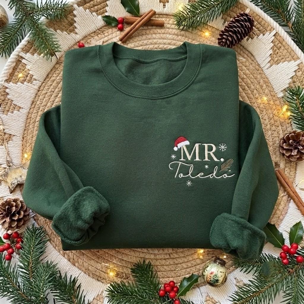 Personalized Mr And Mrs Santa Hat Christmas Sweatshirt, Custom Name Couple Crewneck