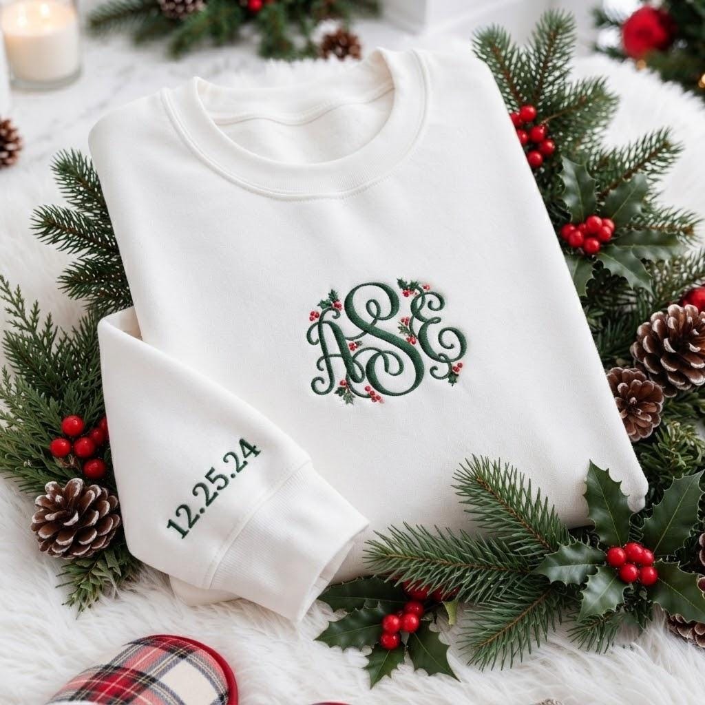 Personalized Monogram Letter Christmas Sweatshirt, Custom Date Merry Winter Crewneck