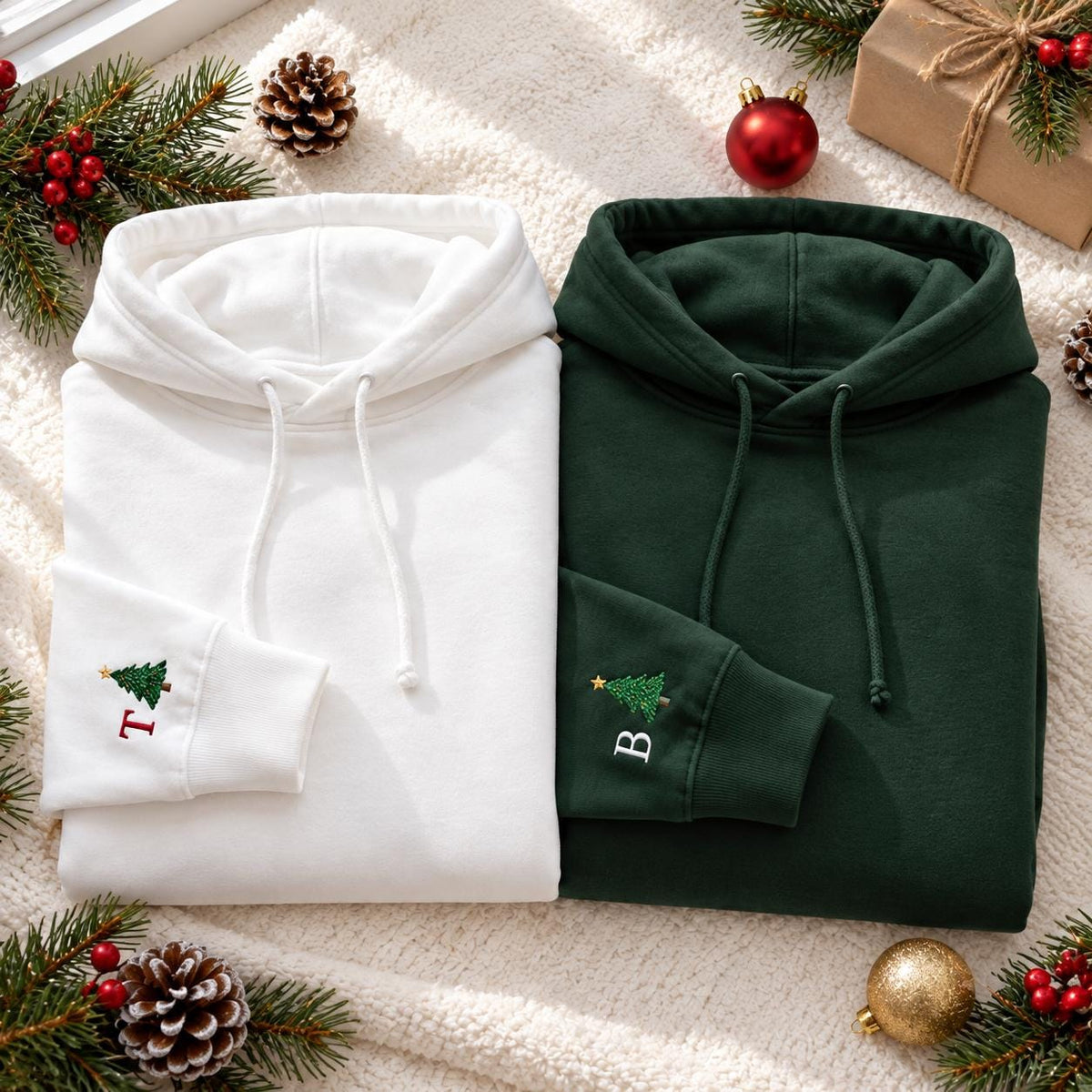 Personalized Couple Pine Tree Christmas Hoodie, Custom Initial Matching Sweatshirt