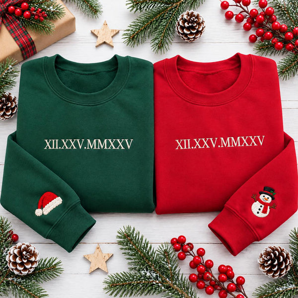 Personalized Roman Numeral Christmas Sweatshirt, Custom Date Matching Couple Crewneck