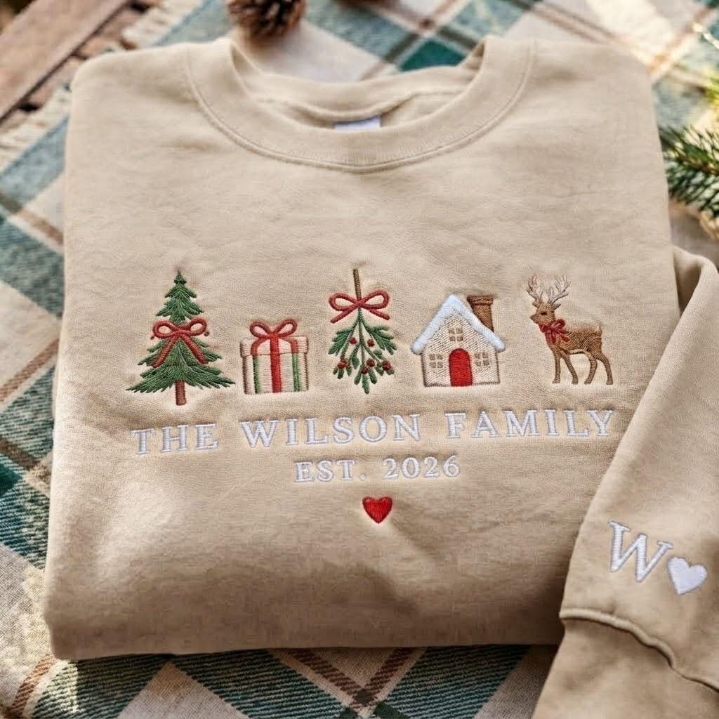 Custom Matching Family Christmas Sweatshirt, Embroidered Name & Initial on Sleeve