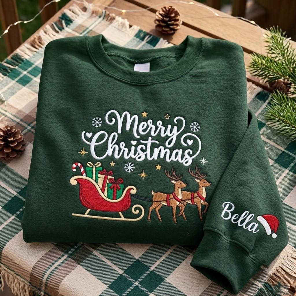 Embroidered Cute Reindeer Sleigh Sweatshirt, Personalized Merry Christmas Crewneck