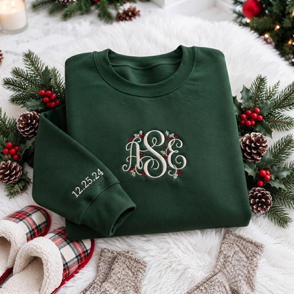 Personalized Monogram Letter Christmas Sweatshirt, Custom Date Merry Winter Crewneck