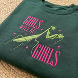 Custom Embroidered Praying Mantis Sweatshirt, Girls Will Be Girls, Custom Name Sleeve Funny Feminist Insect Jumper Gift For Bestie
