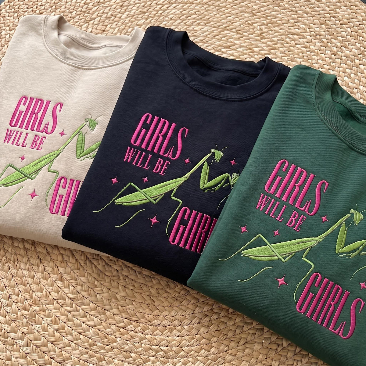 Custom Embroidered Praying Mantis Sweatshirt, Girls Will Be Girls, Custom Name Sleeve Funny Feminist Insect Jumper Gift For Bestie