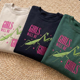 Custom Embroidered Praying Mantis Sweatshirt, Girls Will Be Girls, Custom Name Sleeve Funny Feminist Insect Jumper Gift For Bestie
