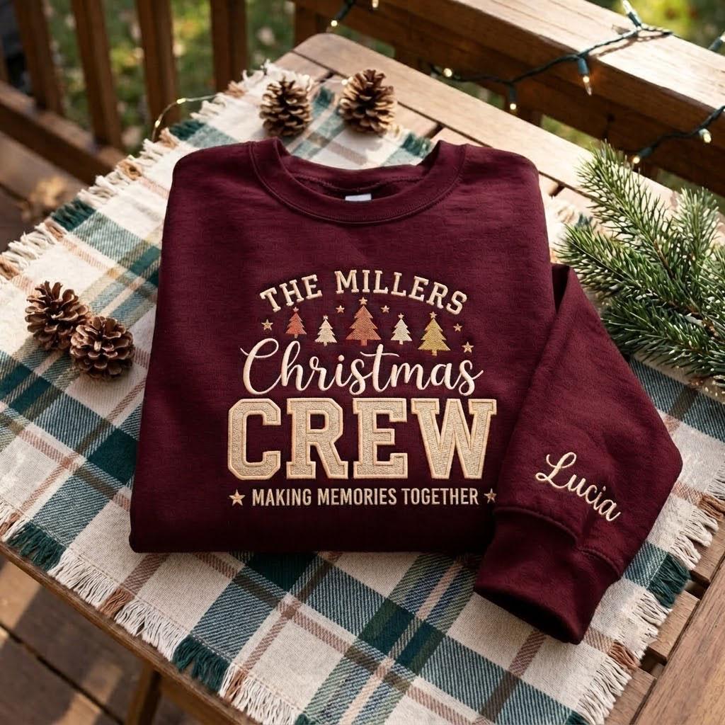 Personalized Christmas Crew Embroidered Sweatshirt, Matching Family Holiday Crewneck