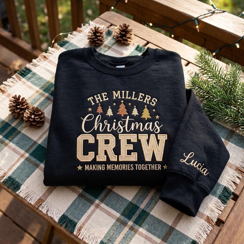 Personalized Christmas Crew Embroidered Sweatshirt, Matching Family Holiday Crewneck