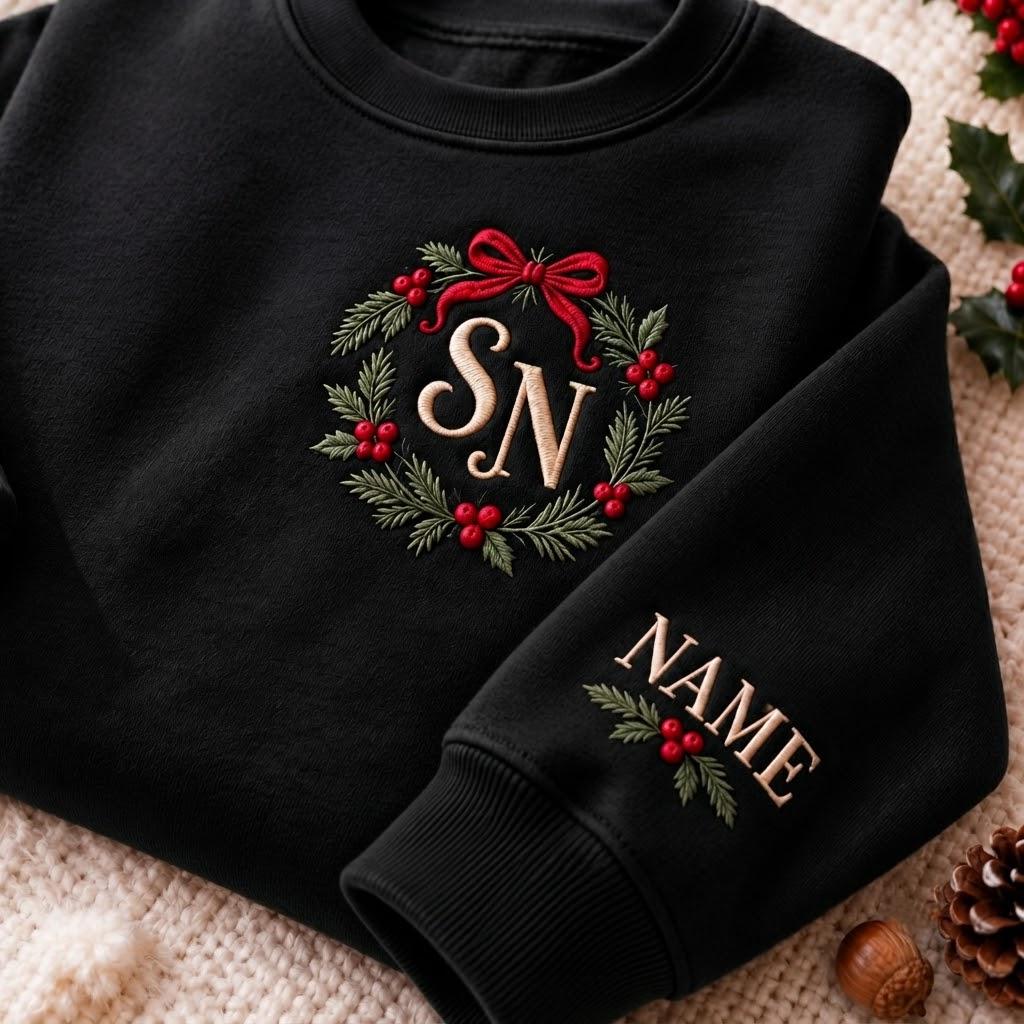 Custom Monogram Christmas Embroidered Sweatshirt, Personalized Wreath Sleeve Crewneck