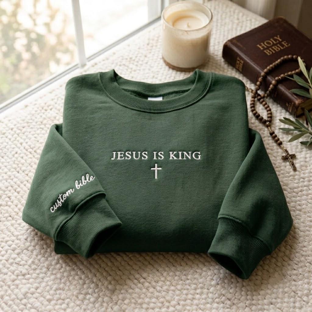 Jesus Is King Cross Embroidered Sweatshirt, Custom Bible Verse Sleeve Crewneck