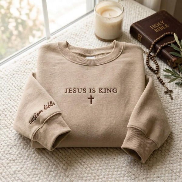 Jesus Is King Cross Embroidered Sweatshirt, Custom Bible Verse Sleeve Crewneck