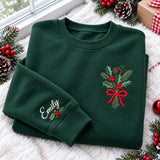 Custom Name Holly Pine Ribbon Sweatshirt, Personalized Sleeve Christmas Crewneck